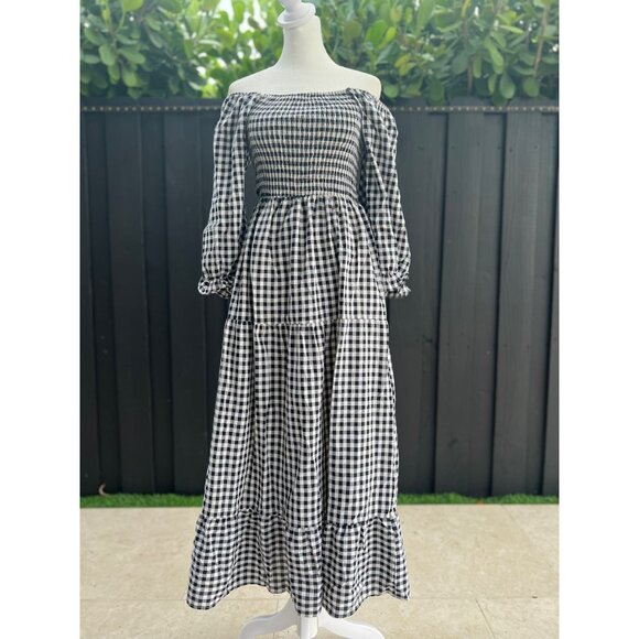 Plaid Gingham Cottage Maxi Dress black Voile Prairie Core Corset Romantic S/M - Picture 1 of 5